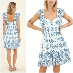 Hale Bob Dress Eyelet Lace Ruffle Embroidery‎ White Blue Boho Angel Size Medium